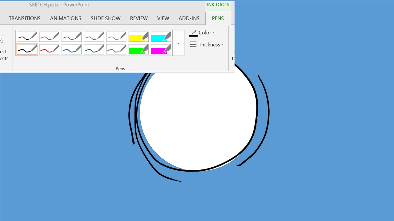 Step 7: Using the stylus on a Surface Pro running PowerPoint 2013, touch the slide area to expose the Ink Tools Tab in the Ribbon. Choose desired pen color and thickness (we’ve used black at 1 pt). Draw a circle just outside the “hole” area. We’ve also included some extra lines for motion. 